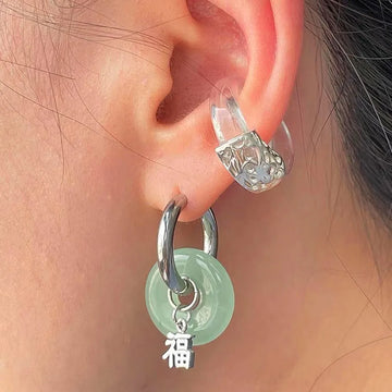 DAIIIBABYYY  -  Green Jade Round Stainless Steel Hoop Earrings For Women Vintage Elegant Earclip Earrings Statement Jewelry